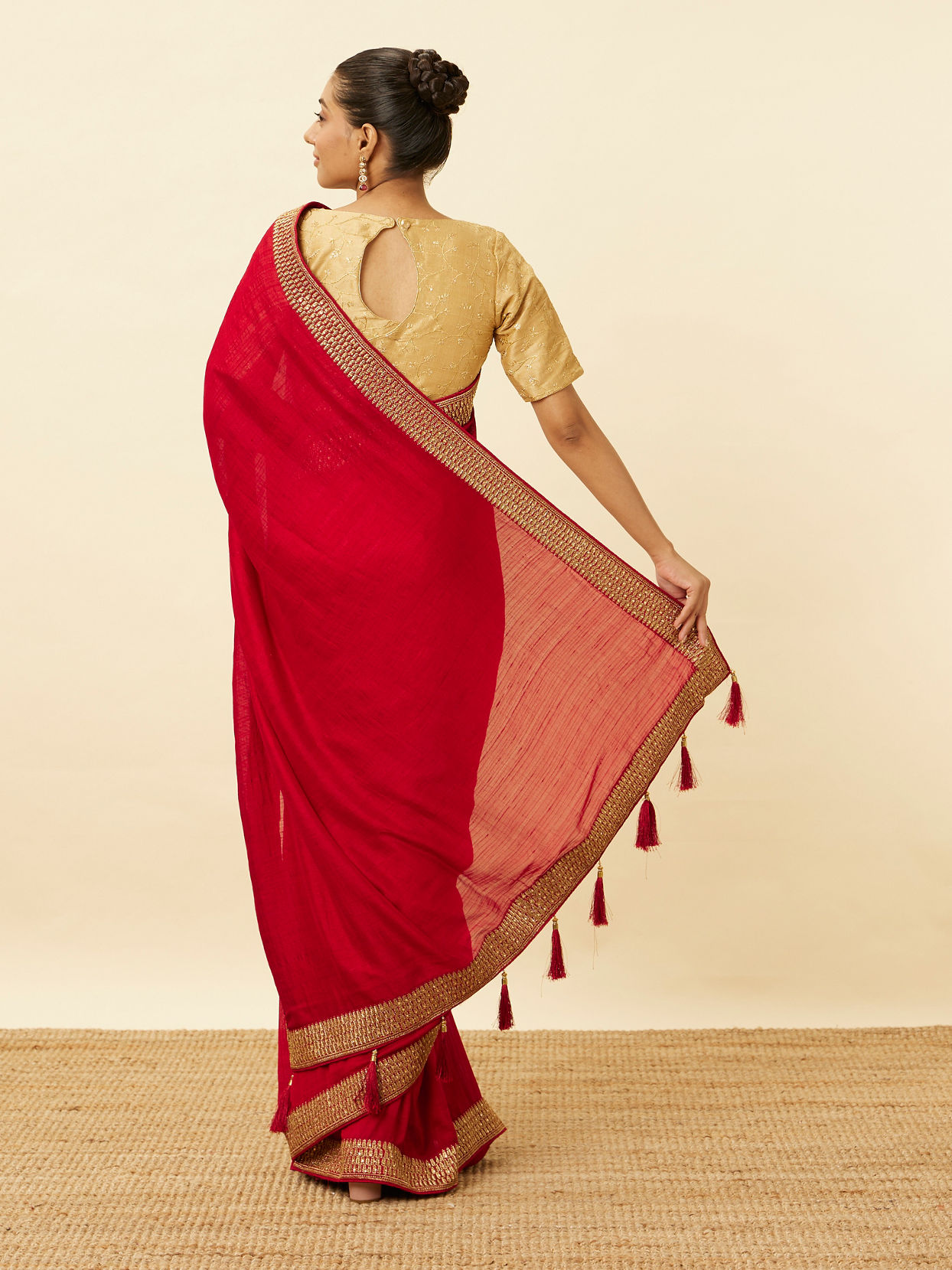 Mohey Women Fiesta Red Saree with Fern Embroidered Border