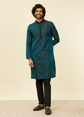 alt message - Manyavar Men Sapphire Blue Jacquard Kurta Set image number 2