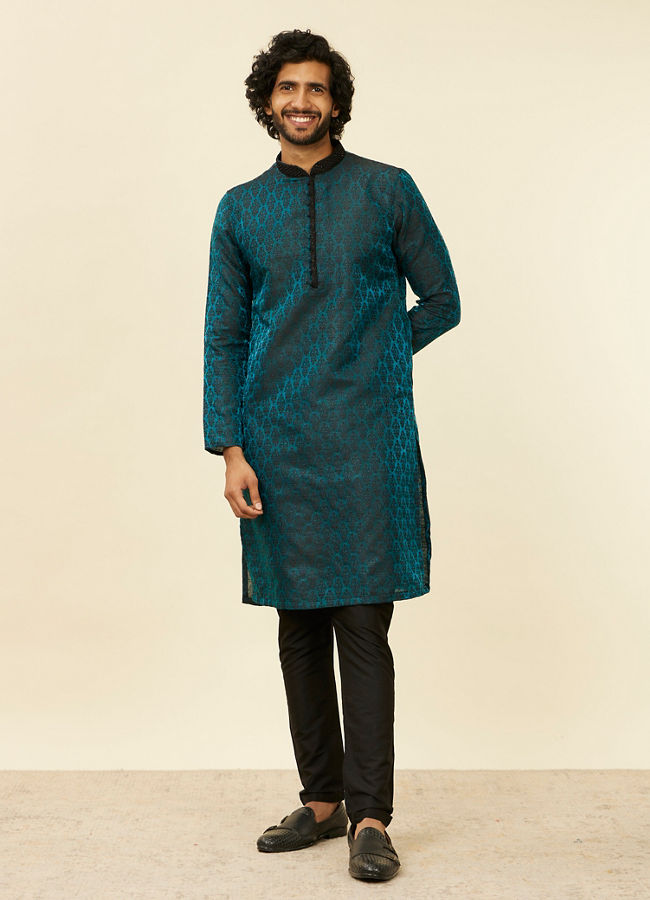 Manyavar Men Sapphire Blue Jacquard Kurta Set