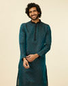 alt message - Manyavar Men Sapphire Blue Jacquard Kurta Set image number 0