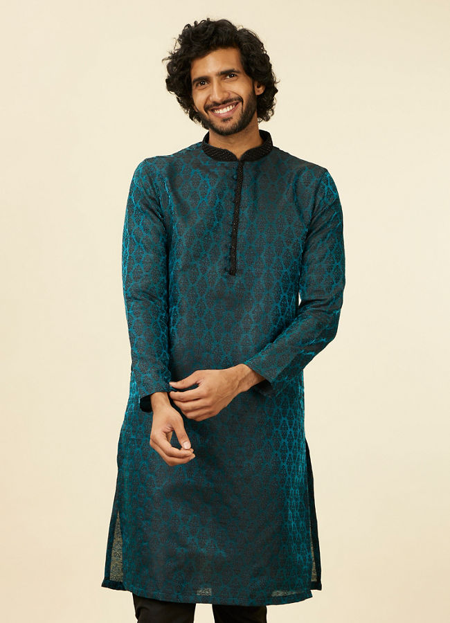 Manyavar Men Sapphire Blue Jacquard Kurta Set