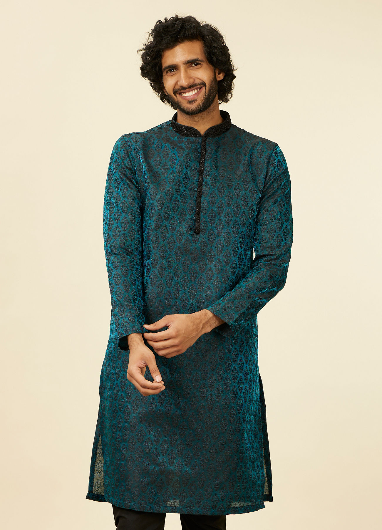 Manyavar Men Sapphire Blue Jacquard Kurta Set