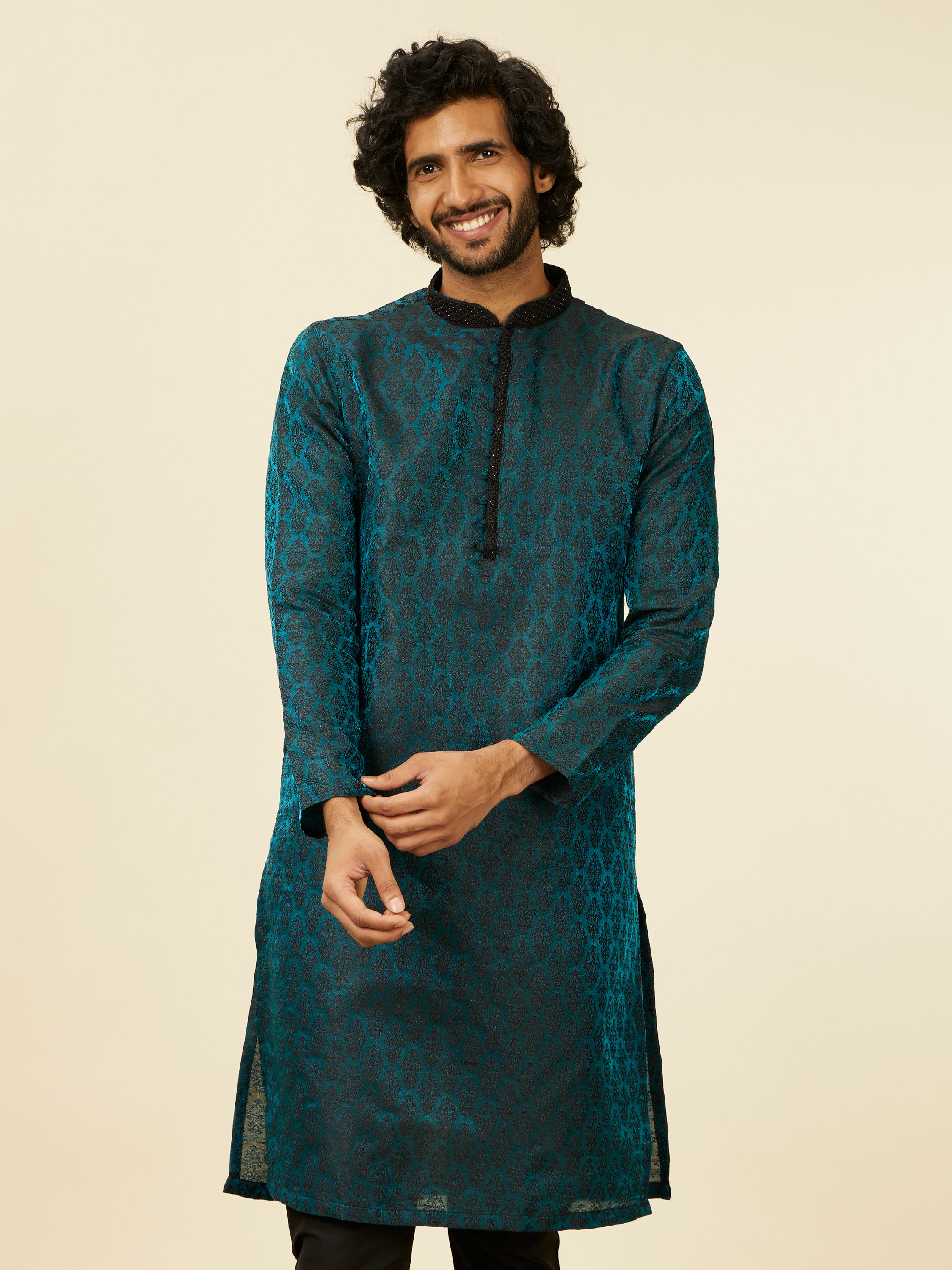 Manyavar Men Sapphire Blue Jacquard Kurta Set