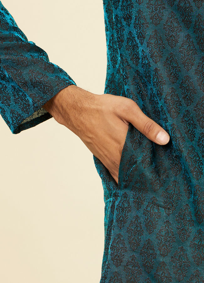 Manyavar Men Sapphire Blue Jacquard Kurta Set