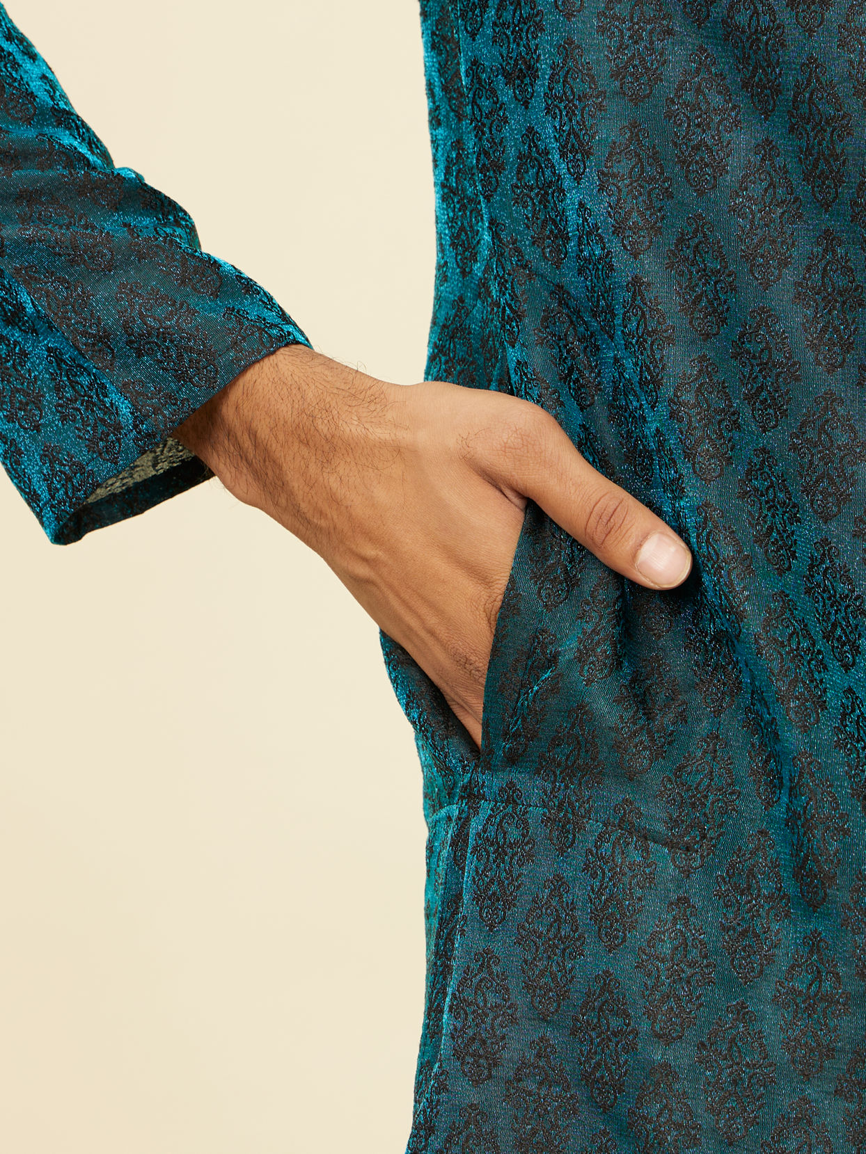 Manyavar Men Sapphire Blue Jacquard Kurta Set