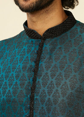 alt message - Manyavar Men Sapphire Blue Jacquard Kurta Set image number 1