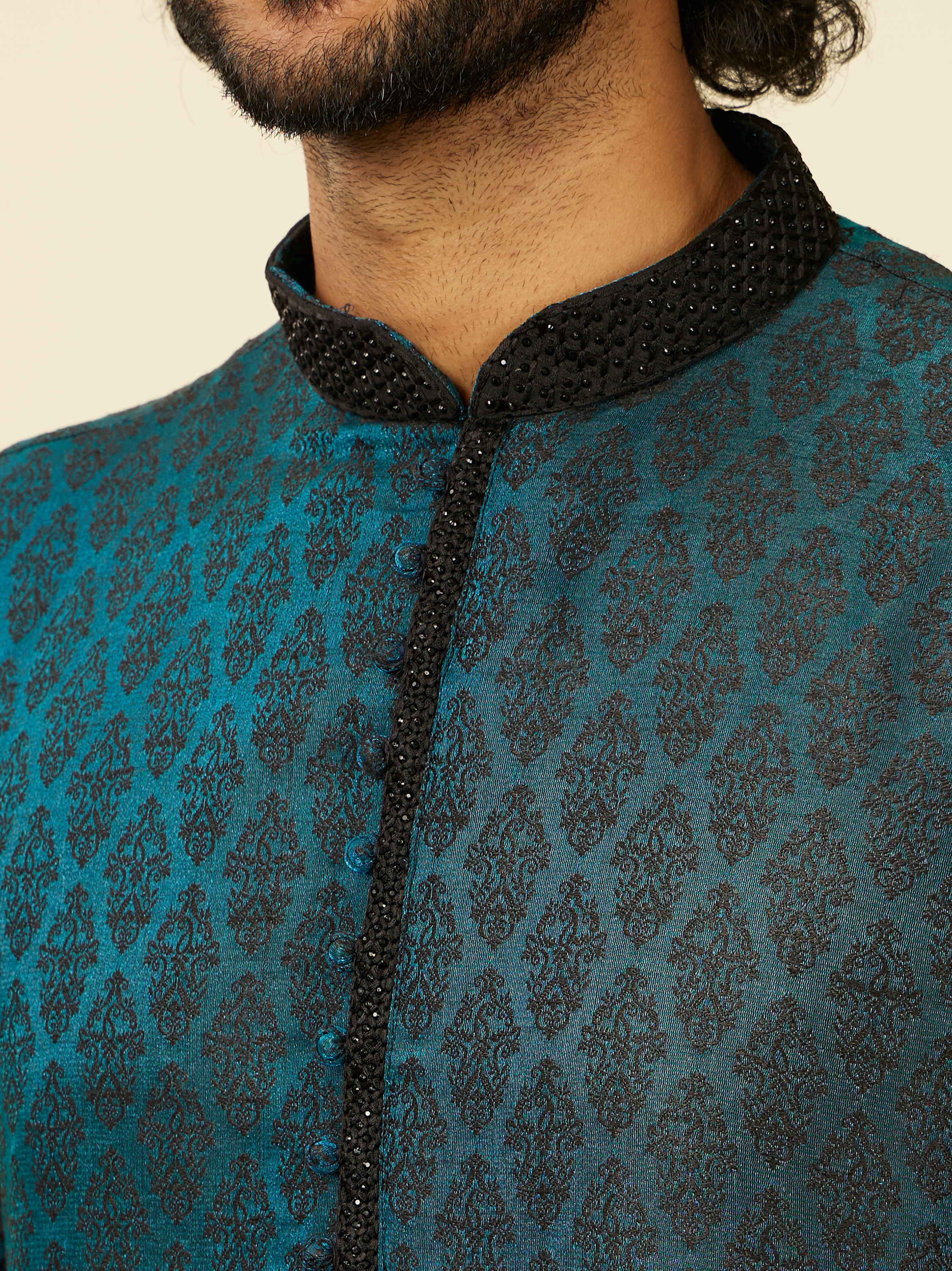 Manyavar Men Sapphire Blue Jacquard Kurta Set