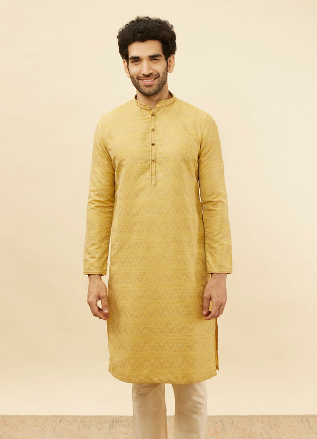 alt message - Manyavar Men Canary Yellow Jaal Patterned Kurta Set image number 0