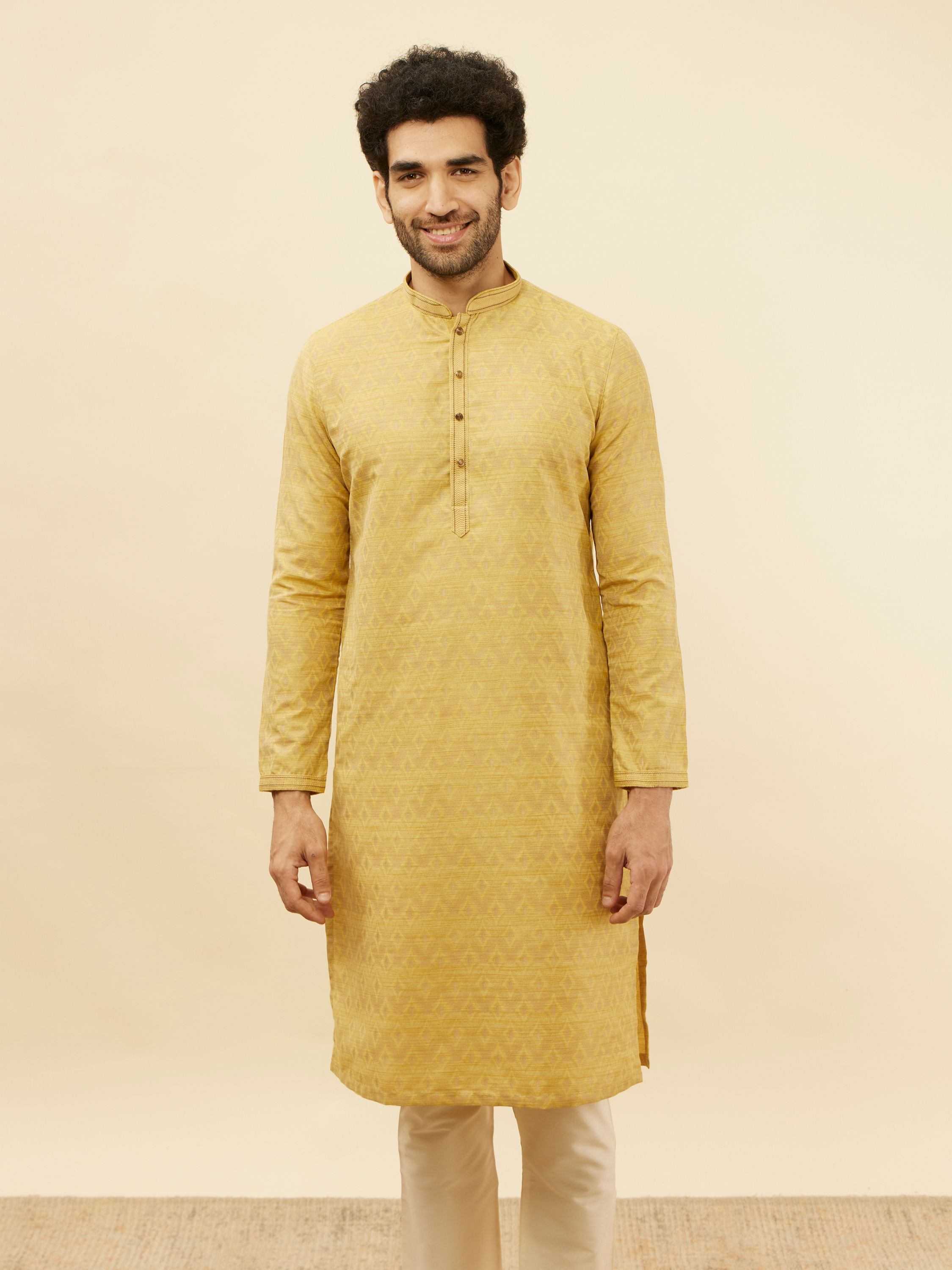 Manyavar Men Canary Yellow Jaal Patterned Kurta Set