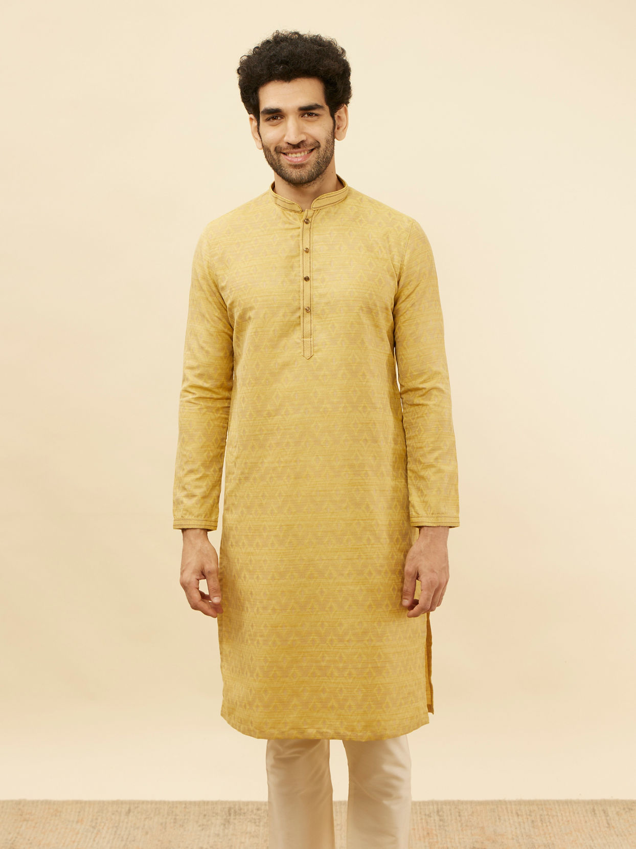 alt message - Manyavar Men Canary Yellow Jaal Patterned Kurta Set image number 0