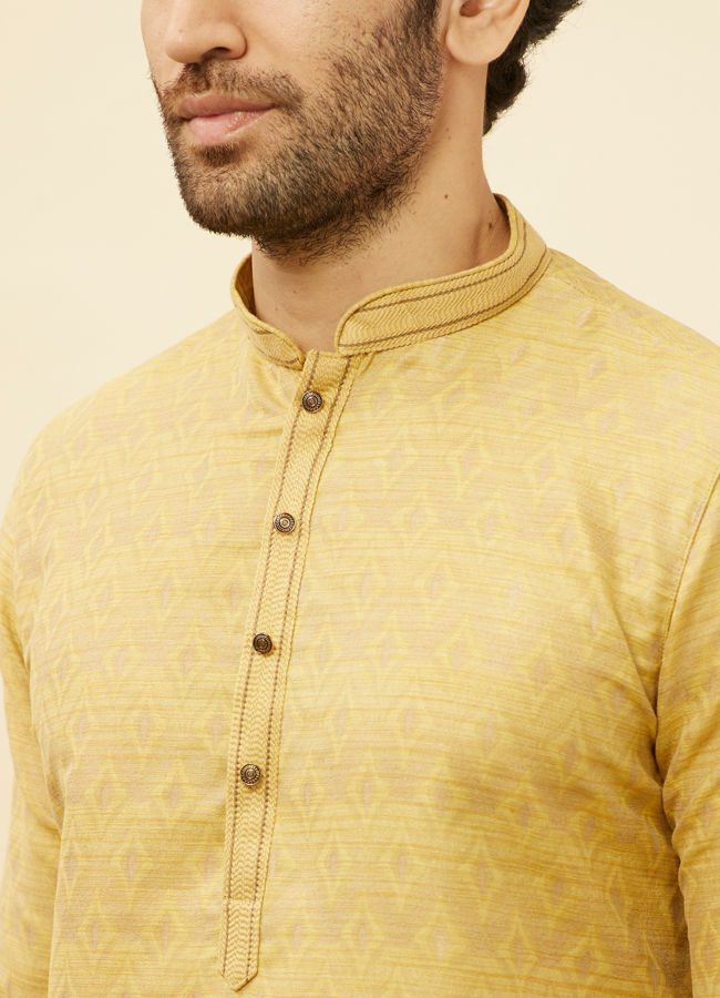 alt message - Manyavar Men Canary Yellow Jaal Patterned Kurta Set image number 1