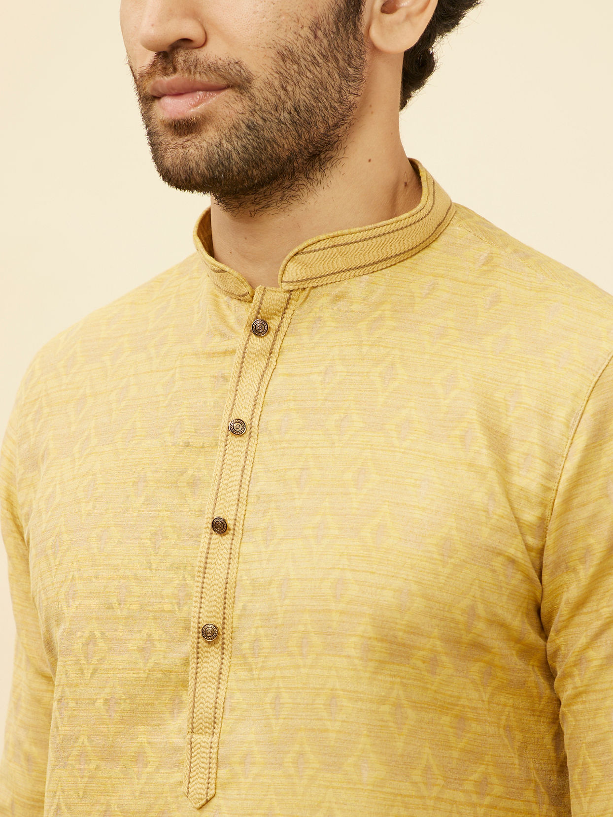 alt message - Manyavar Men Canary Yellow Jaal Patterned Kurta Set image number 1