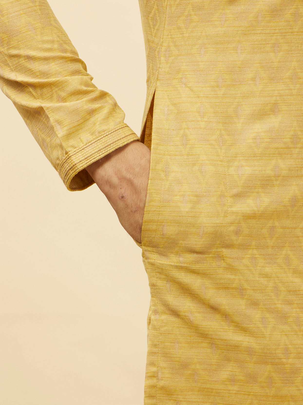 alt message - Manyavar Men Canary Yellow Jaal Patterned Kurta Set image number 3