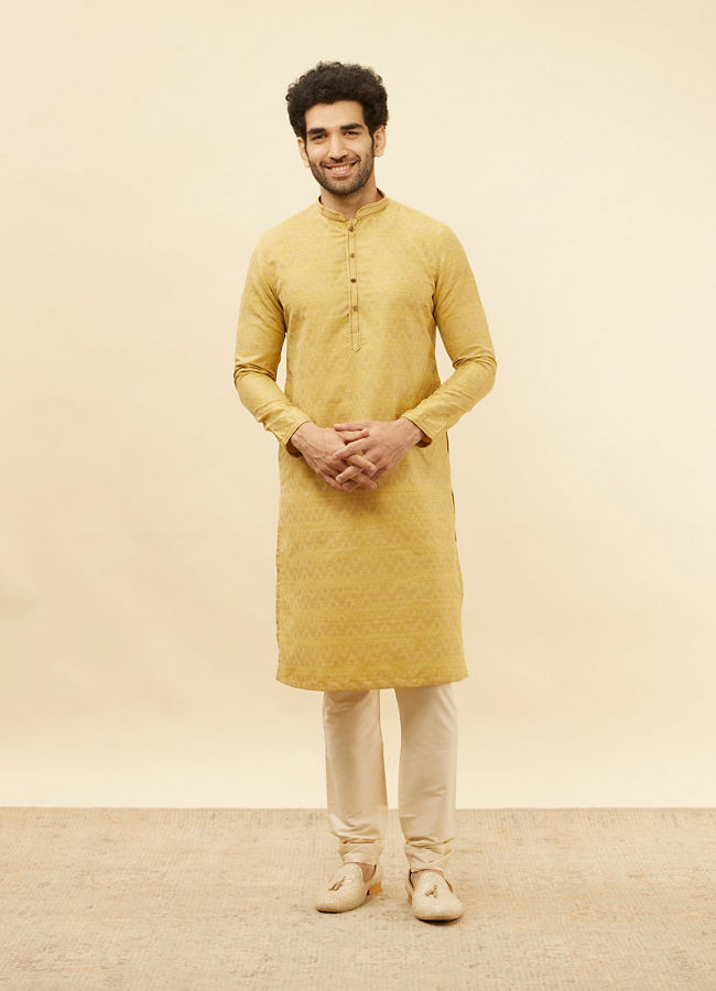 alt message - Manyavar Men Canary Yellow Jaal Patterned Kurta Set image number 2