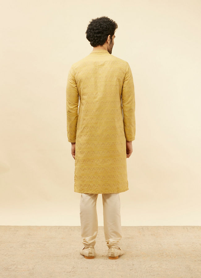 alt message - Manyavar Men Canary Yellow Jaal Patterned Kurta Set image number 5