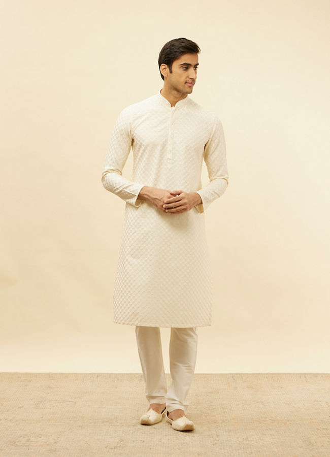 Manyavar Men Soft Cream Floral Jaal Patterned Kurta Set