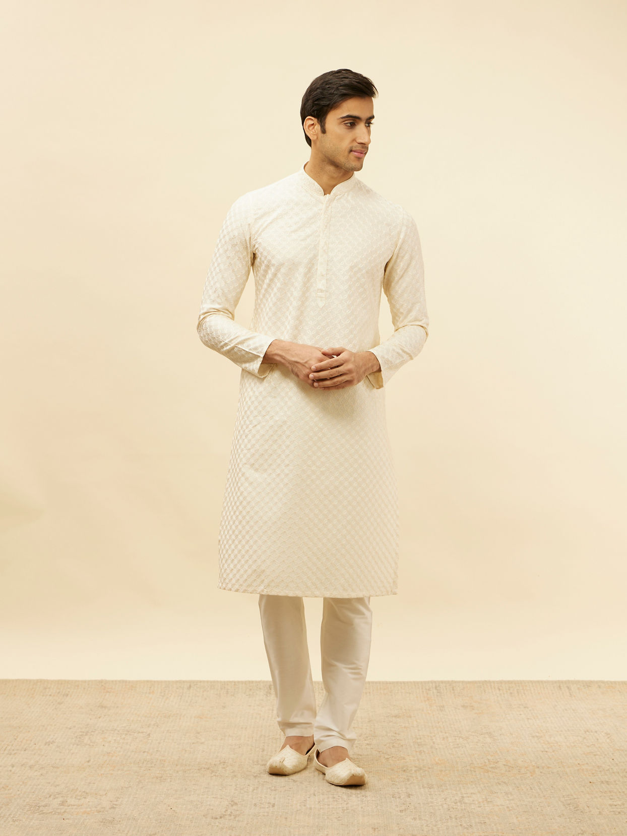 Manyavar Men Soft Cream Floral Jaal Patterned Kurta Set