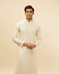 Manyavar Men Soft Cream Floral Jaal Patterned Kurta Set