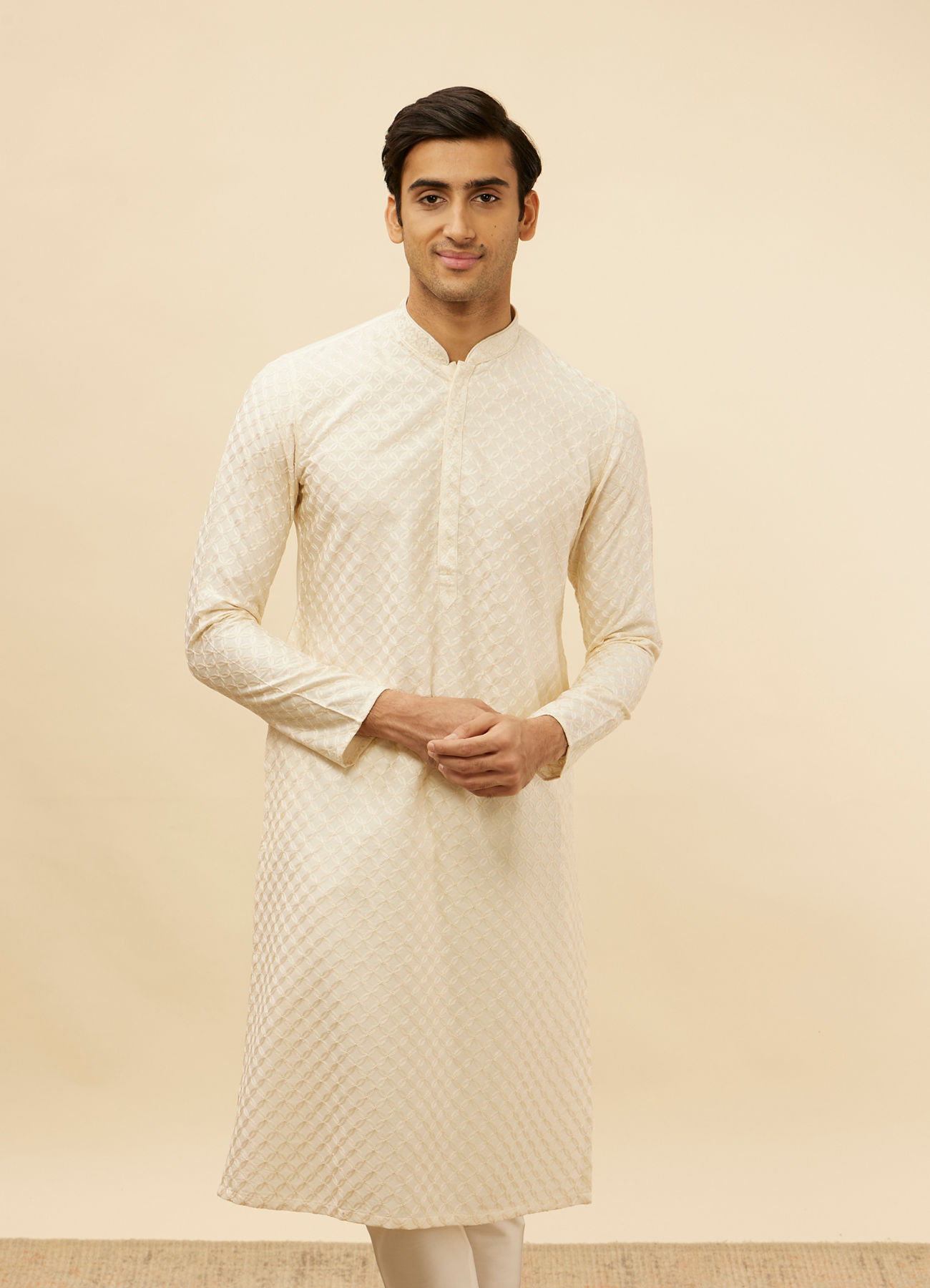 Manyavar Men Soft Cream Floral Jaal Patterned Kurta Set