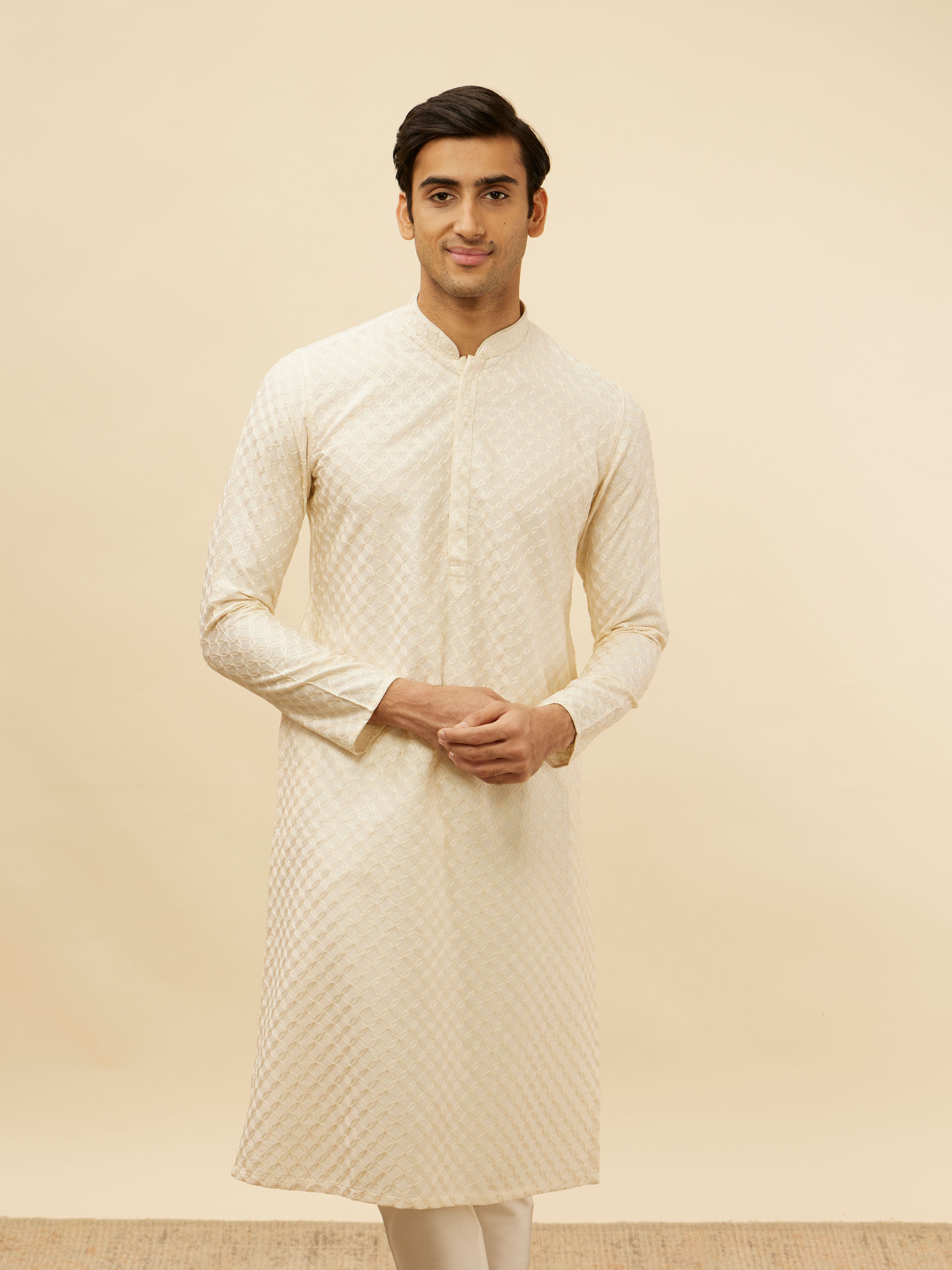 Manyavar Men Soft Cream Floral Jaal Patterned Kurta Set