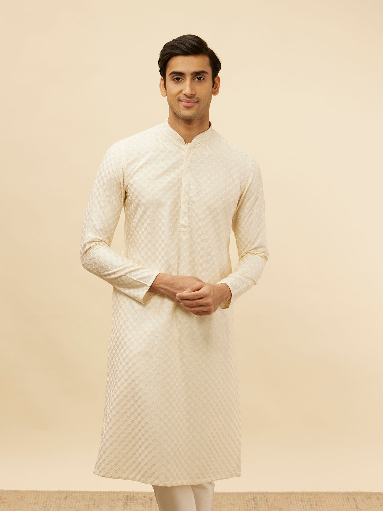Manyavar Men Soft Cream Floral Jaal Patterned Kurta Set