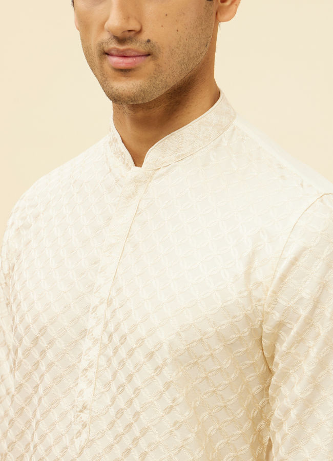 Manyavar Men Soft Cream Floral Jaal Patterned Kurta Set