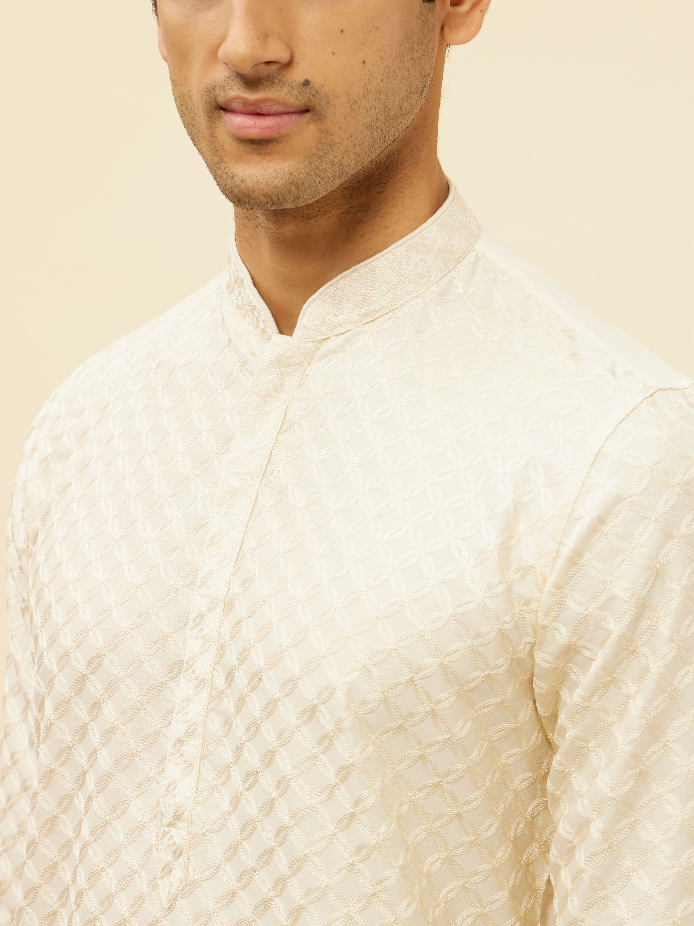 Manyavar Men Soft Cream Floral Jaal Patterned Kurta Set