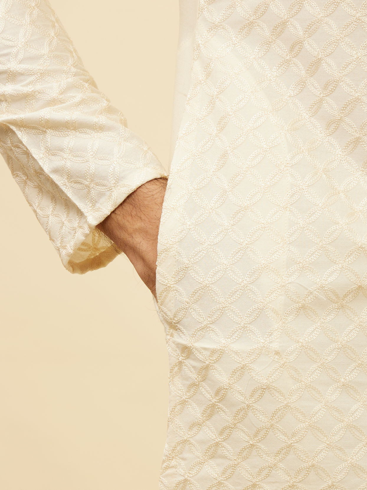 Manyavar Men Soft Cream Floral Jaal Patterned Kurta Set