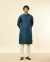 Manyavar Men Teal Blue Lattice Patterned Kurta Set