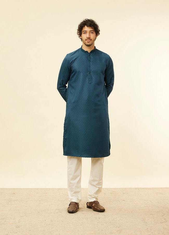 Manyavar Men Teal Blue Lattice Patterned Kurta Set