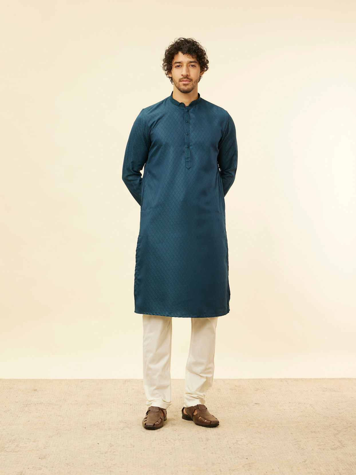 Manyavar Men Teal Blue Lattice Patterned Kurta Set