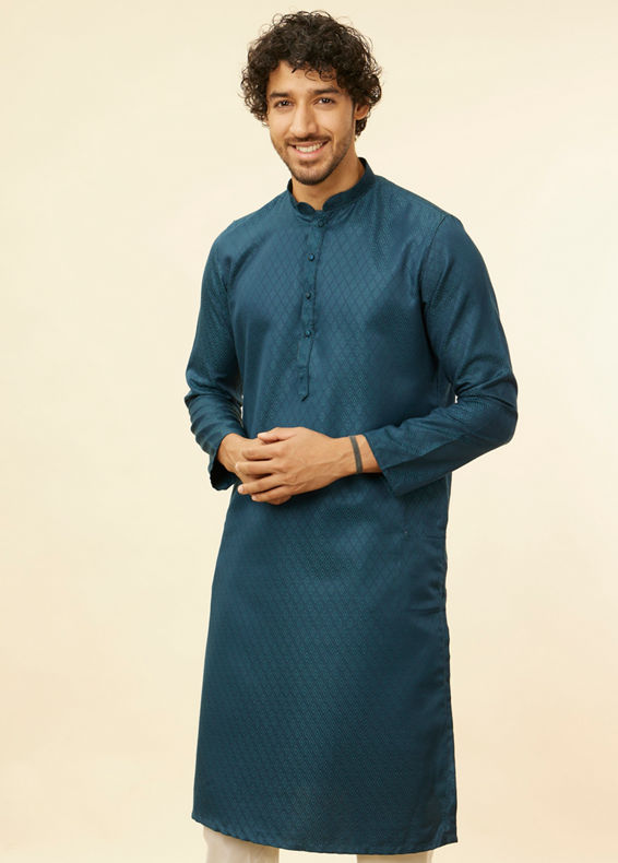 Manyavar Men Teal Blue Lattice Patterned Kurta Set