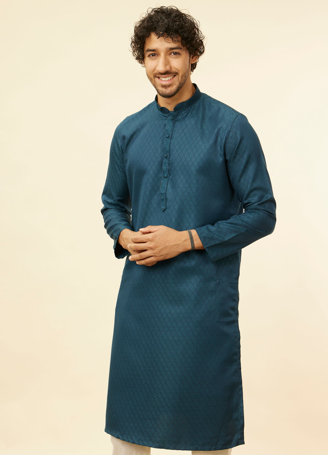 Manyavar Men Teal Blue Lattice Patterned Kurta Set