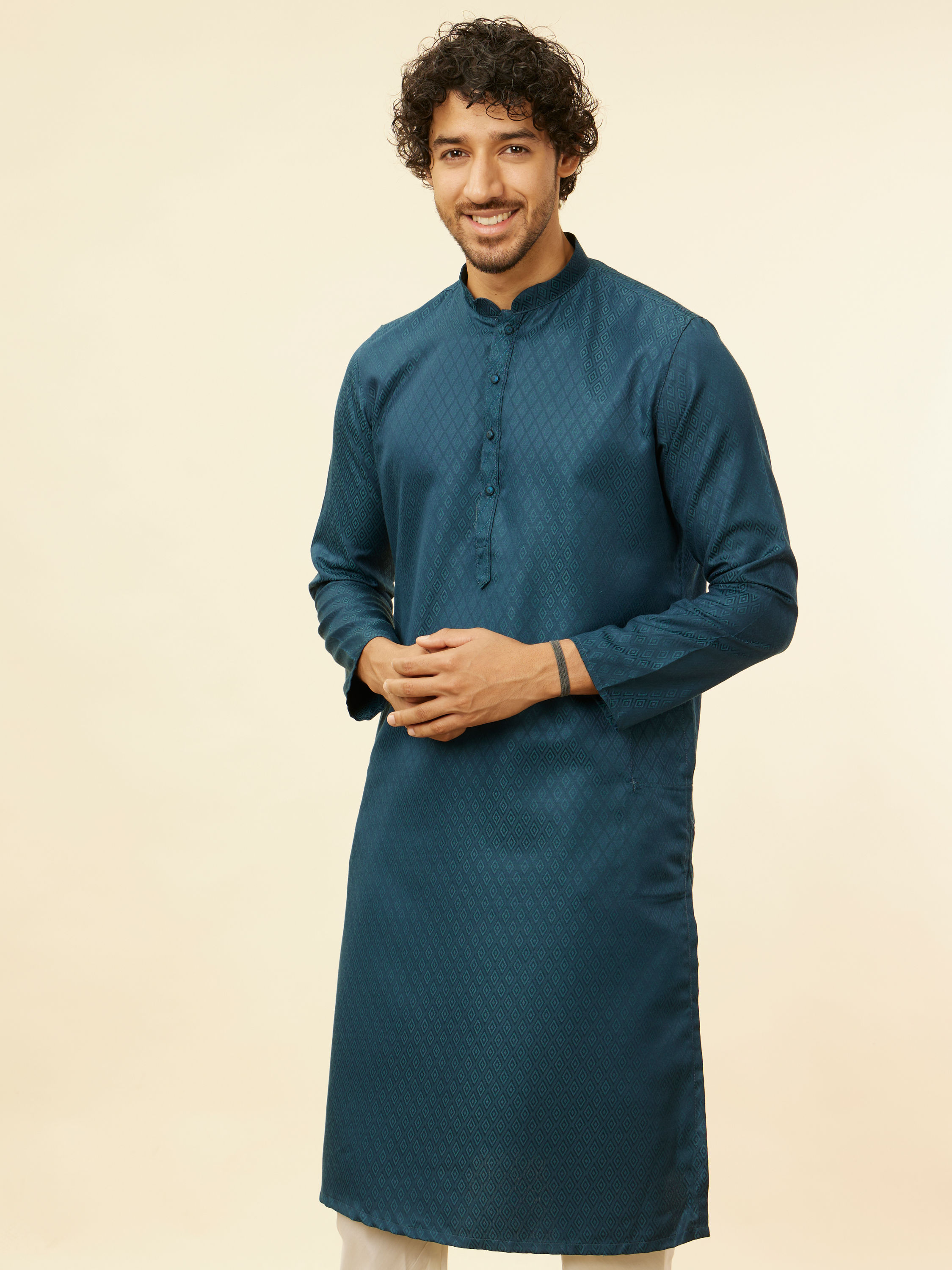 Manyavar Men Teal Blue Lattice Patterned Kurta Set