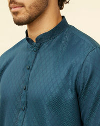 Manyavar Men Teal Blue Lattice Patterned Kurta Set