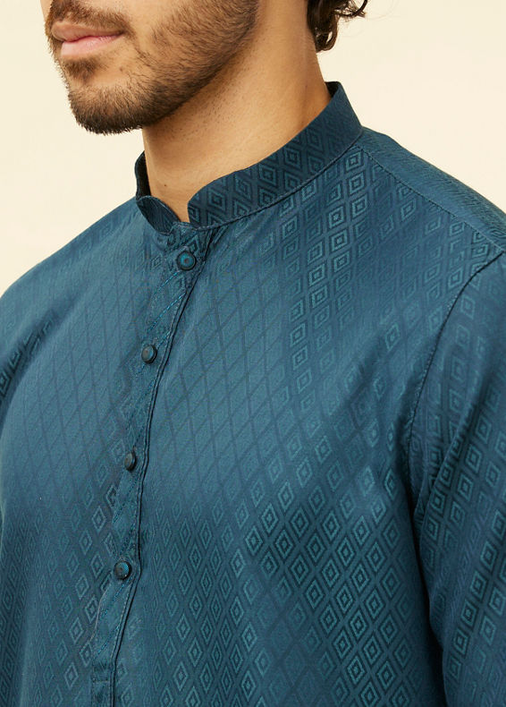 Manyavar Men Teal Blue Lattice Patterned Kurta Set