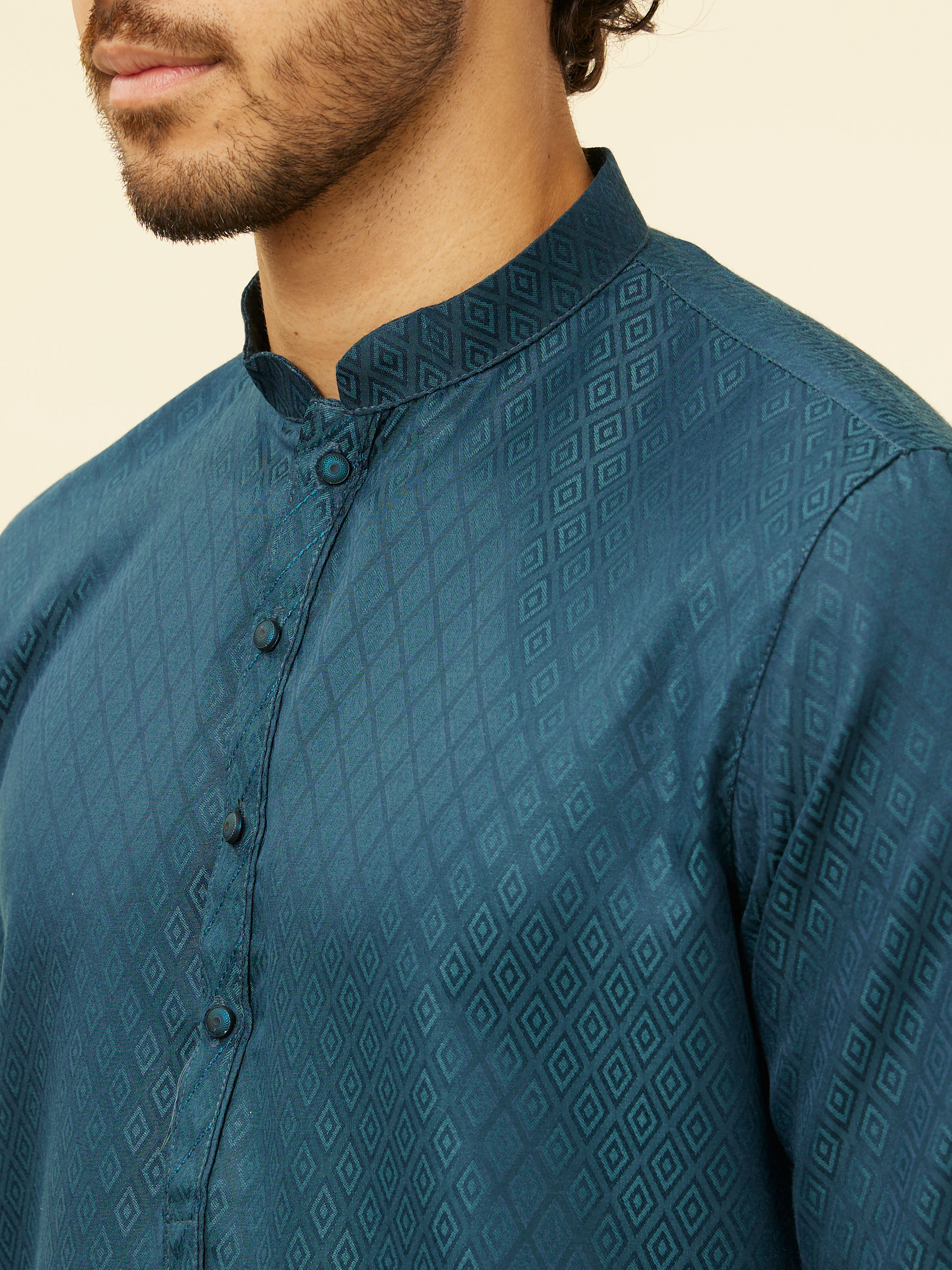 Manyavar Men Teal Blue Lattice Patterned Kurta Set