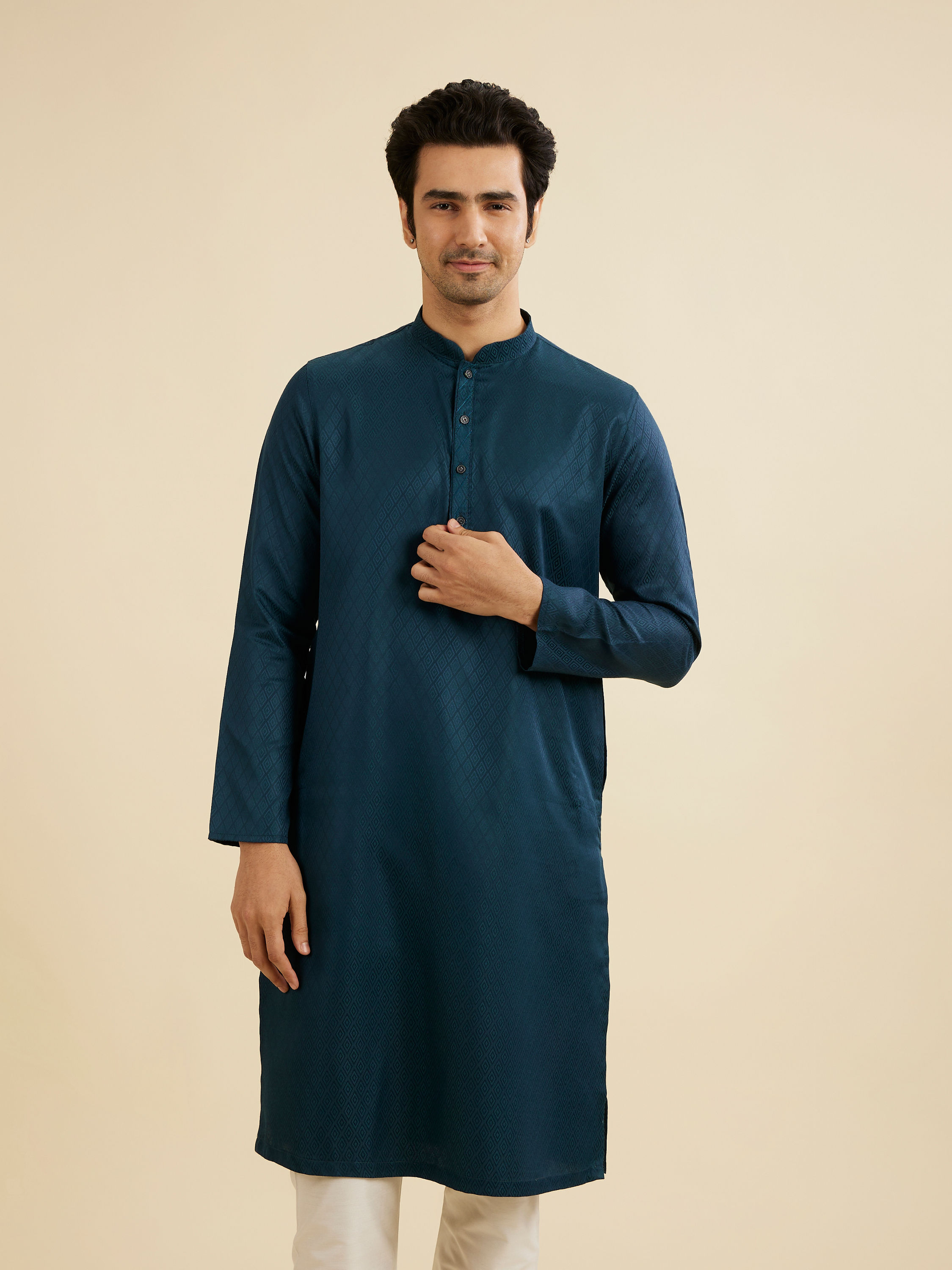 Manyavar Men Teal Blue Lattice Patterned Kurta Set