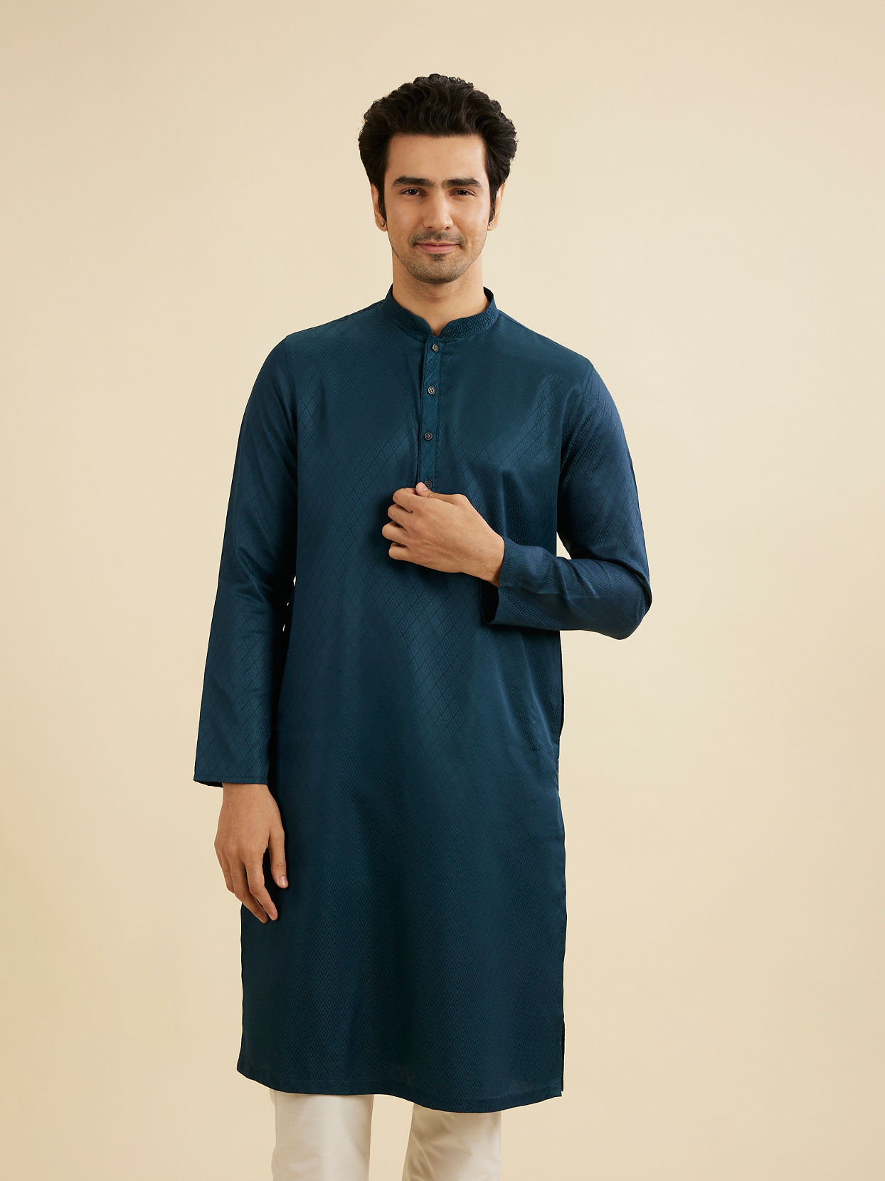 Manyavar Men Teal Blue Lattice Patterned Kurta Set