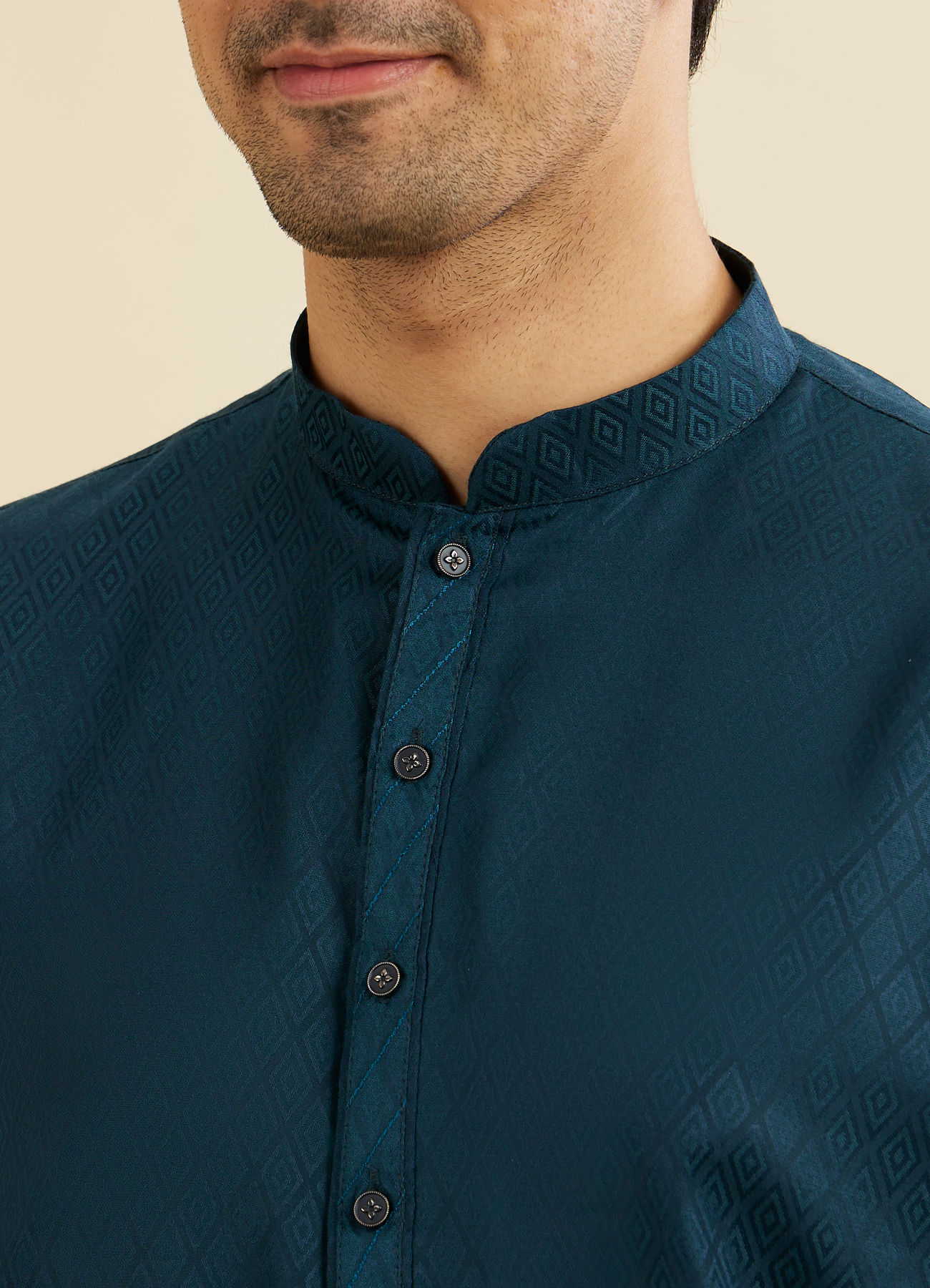 Manyavar Men Teal Blue Lattice Patterned Kurta Set