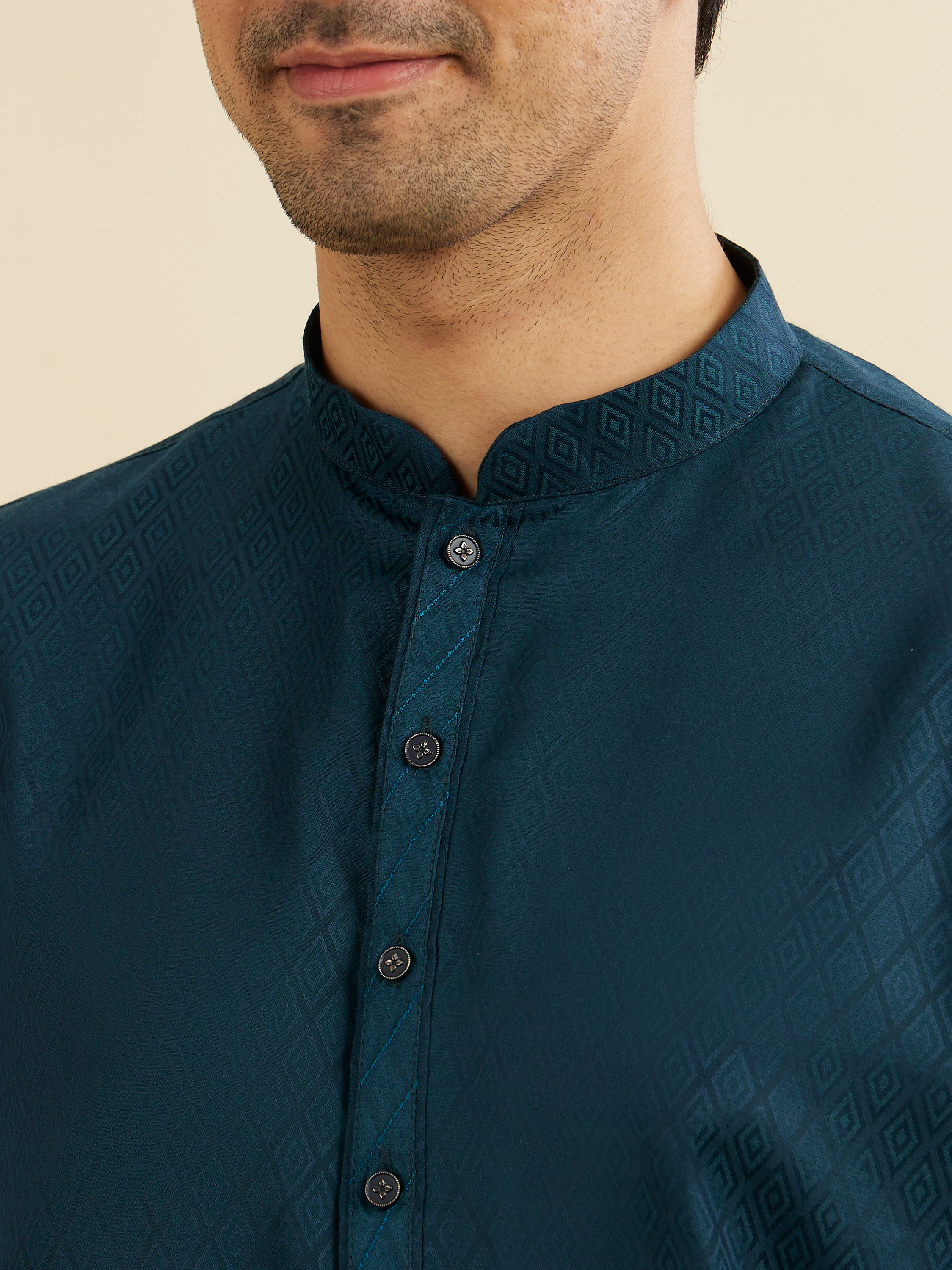 Manyavar Men Teal Blue Lattice Patterned Kurta Set