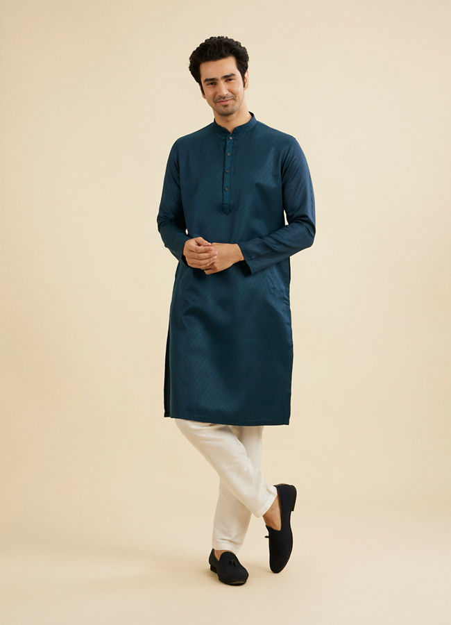 Manyavar Men Teal Blue Lattice Patterned Kurta Set