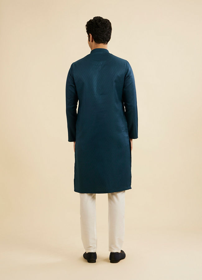 Manyavar Men Teal Blue Lattice Patterned Kurta Set