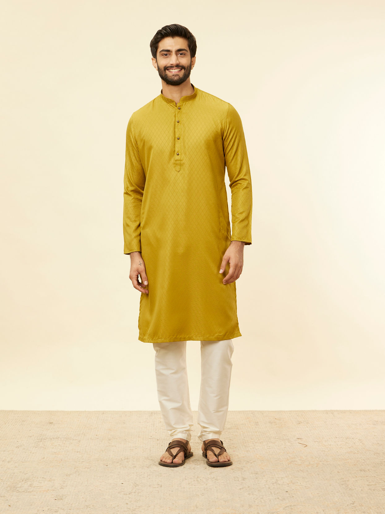 Manyavar Men Olive Green Lattice Patterned Kurta Set