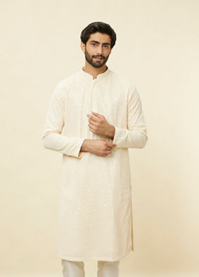 Manyavar Men Pearled Ivory White Chikankari Kurta Set