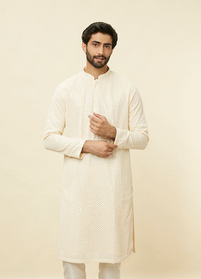 alt message - Manyavar Men Pearled Ivory White Chikankari Kurta Set image number 0