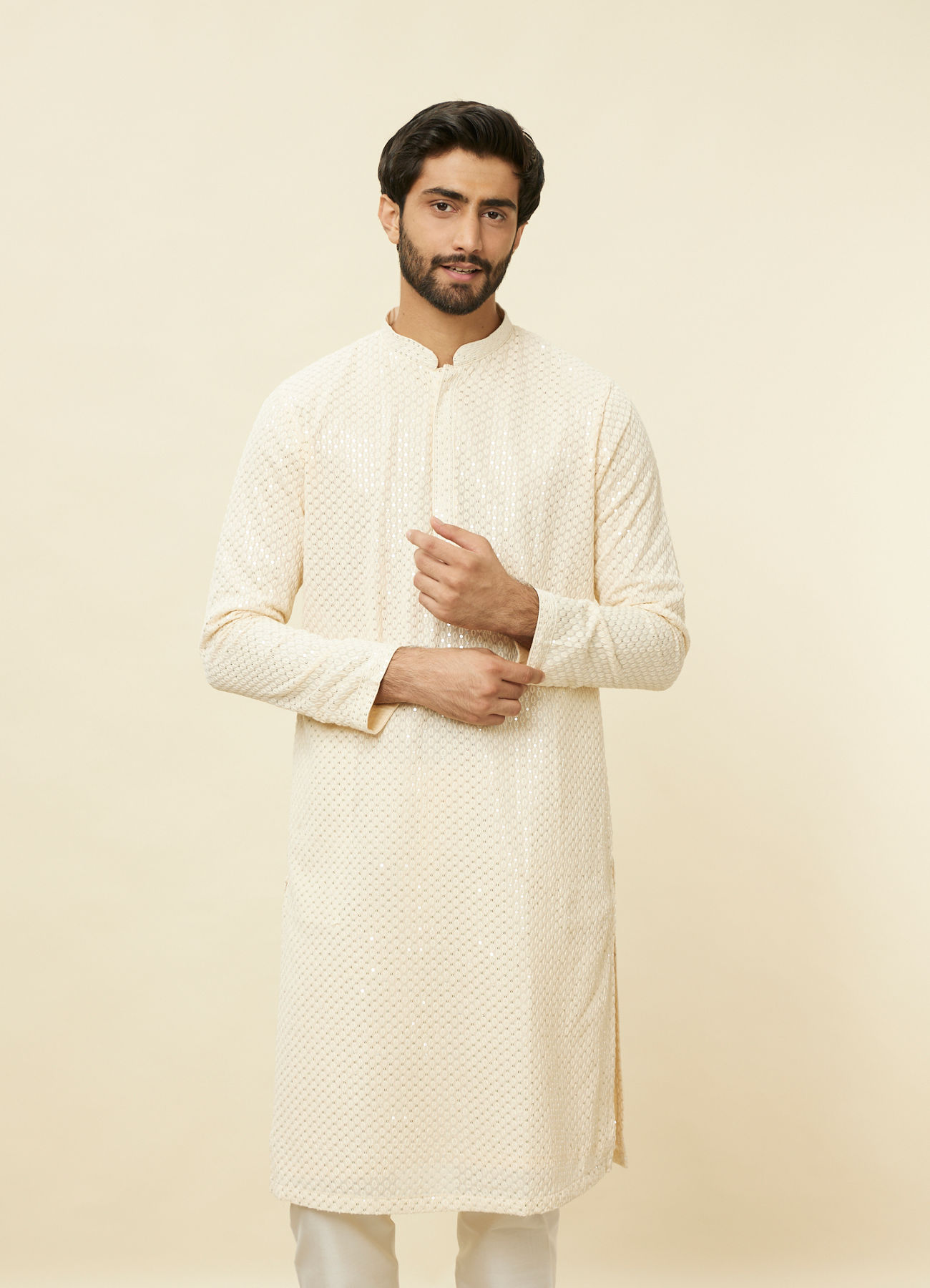 Manyavar Men Pearled Ivory White Chikankari Kurta Set