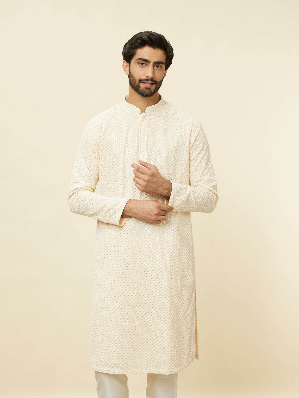 alt message - Manyavar Men Pearled Ivory White Chikankari Kurta Set image number 0