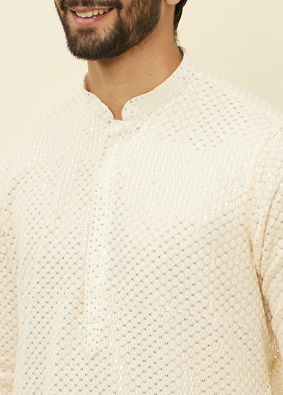 Manyavar Men Pearled Ivory White Chikankari Kurta Set
