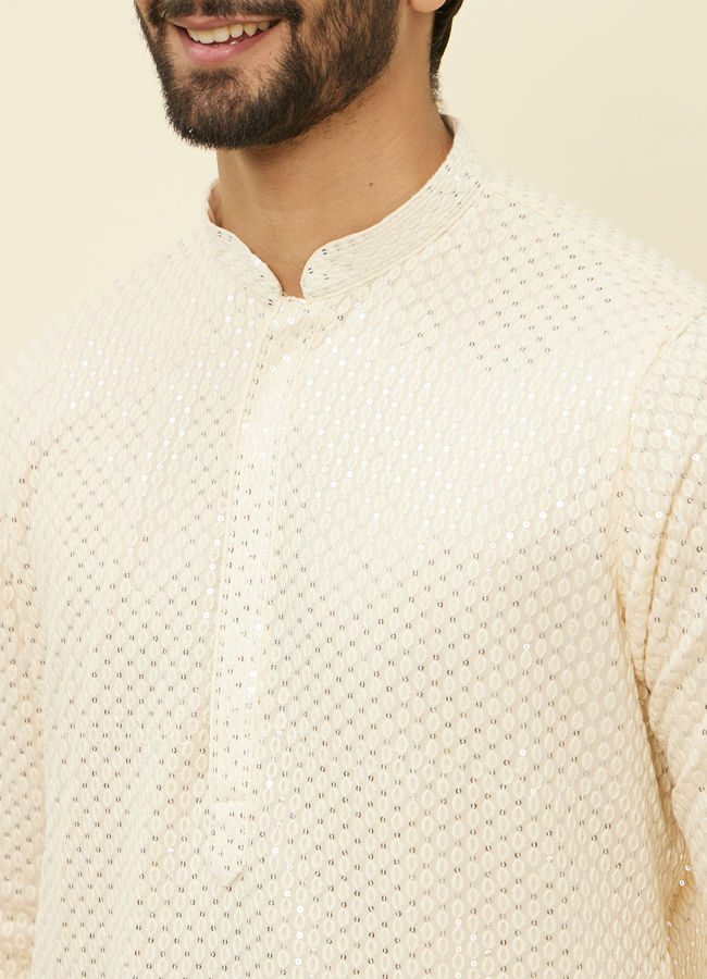 alt message - Manyavar Men Pearled Ivory White Chikankari Kurta Set image number 1